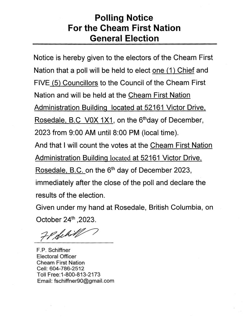 Polling Notice For the Cheam First Nation General Election